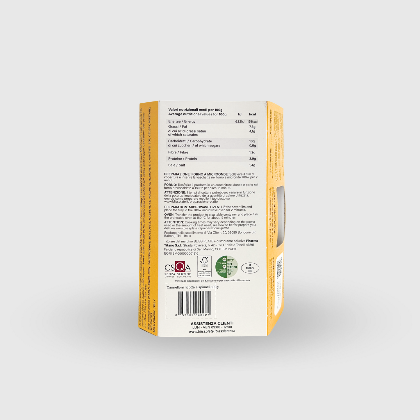 Ricotta and Spinach Cannelloni Bliss Plate Gluten-Free Ready Meal 300g