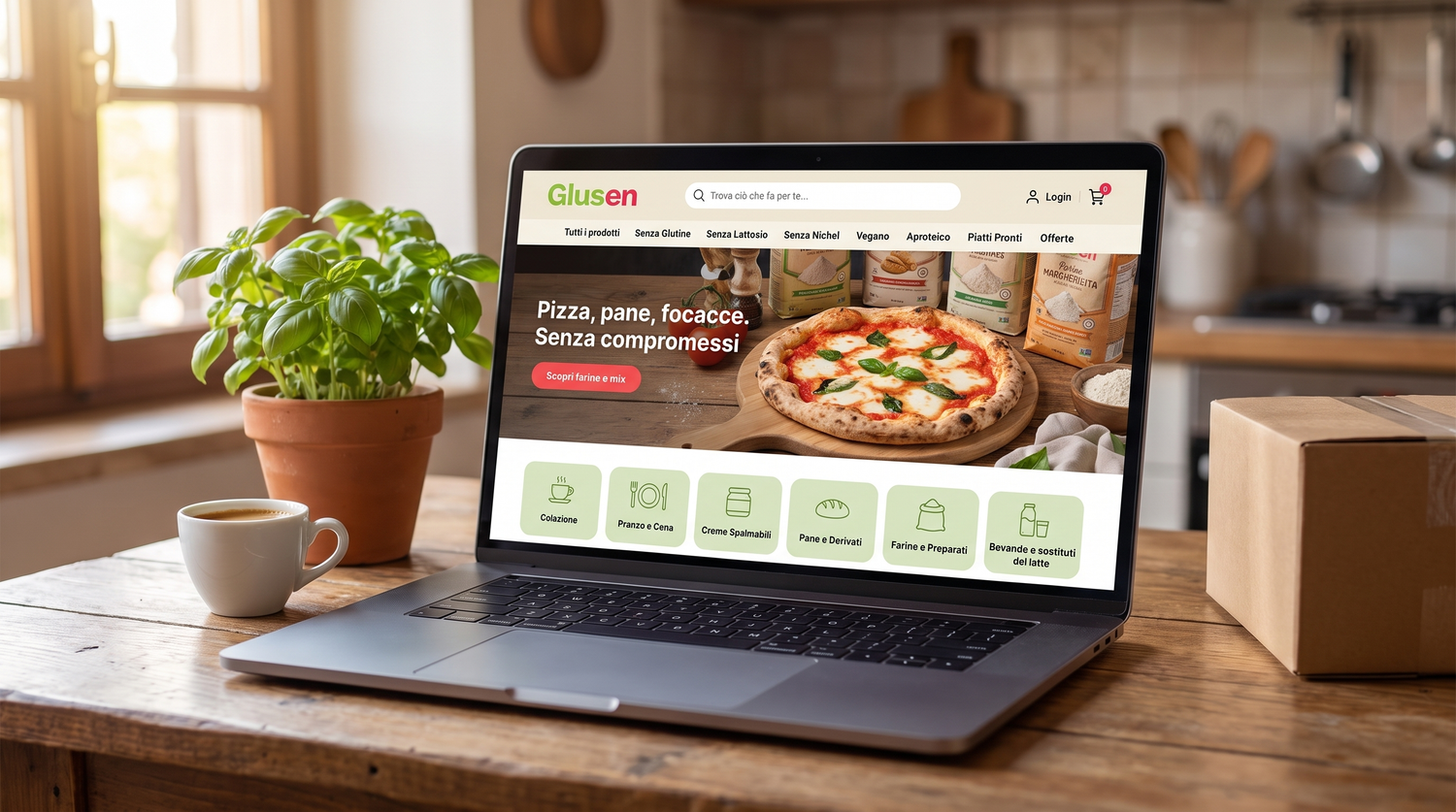 Mockup laptop con homepage Glusen — guida spesa online senza glutine 2026