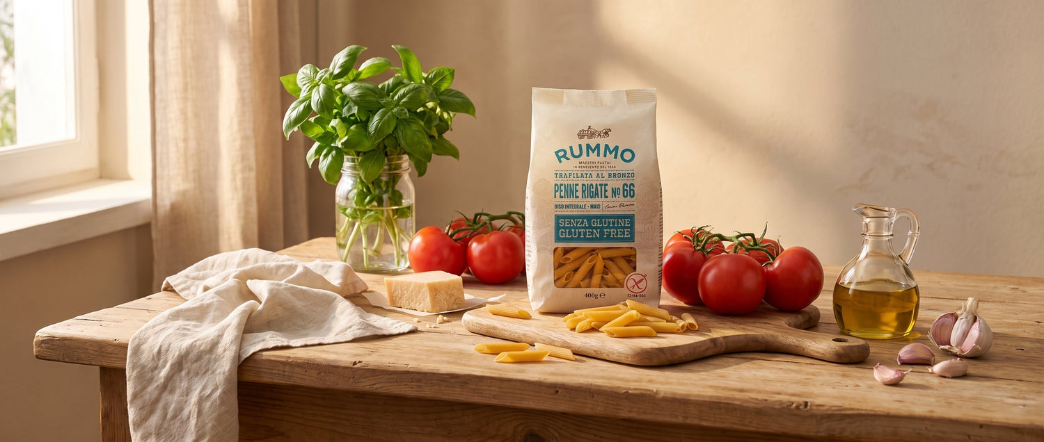 Pasta senza glutine artigianale italiana: composizione editoriale con Rummo