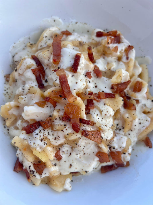 Pasta and Potatoes Gluten Free with Provola Fondue and Crispy Guanciale - Glusen