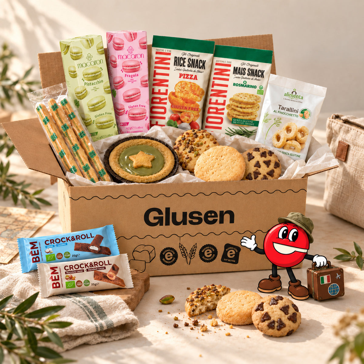 Box In Valigia Glusen aperta con snack monoporzione senza glutine