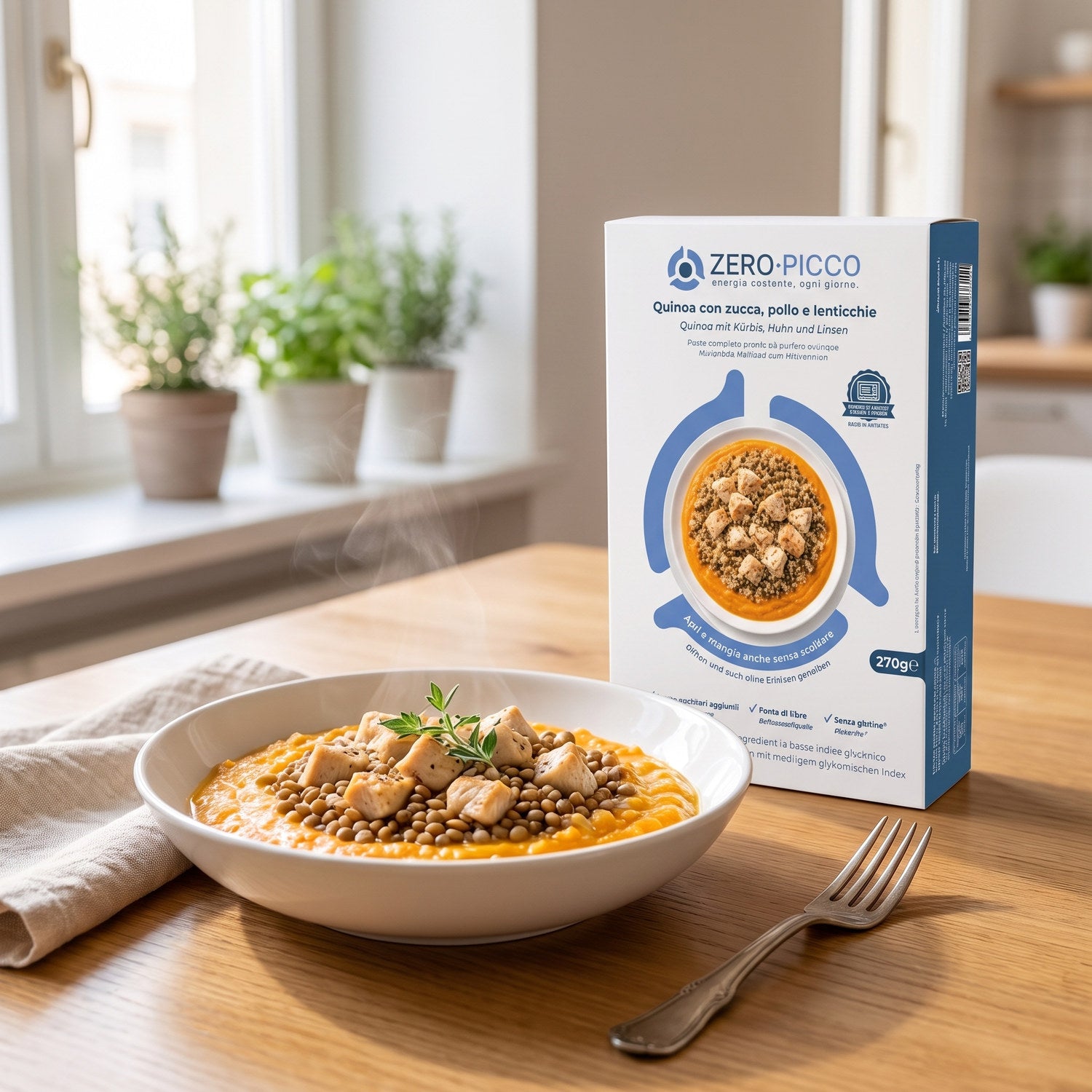 Zero Picco quinoa con zucca pollo e lenticchie servito nella ciotola accanto alla confezione