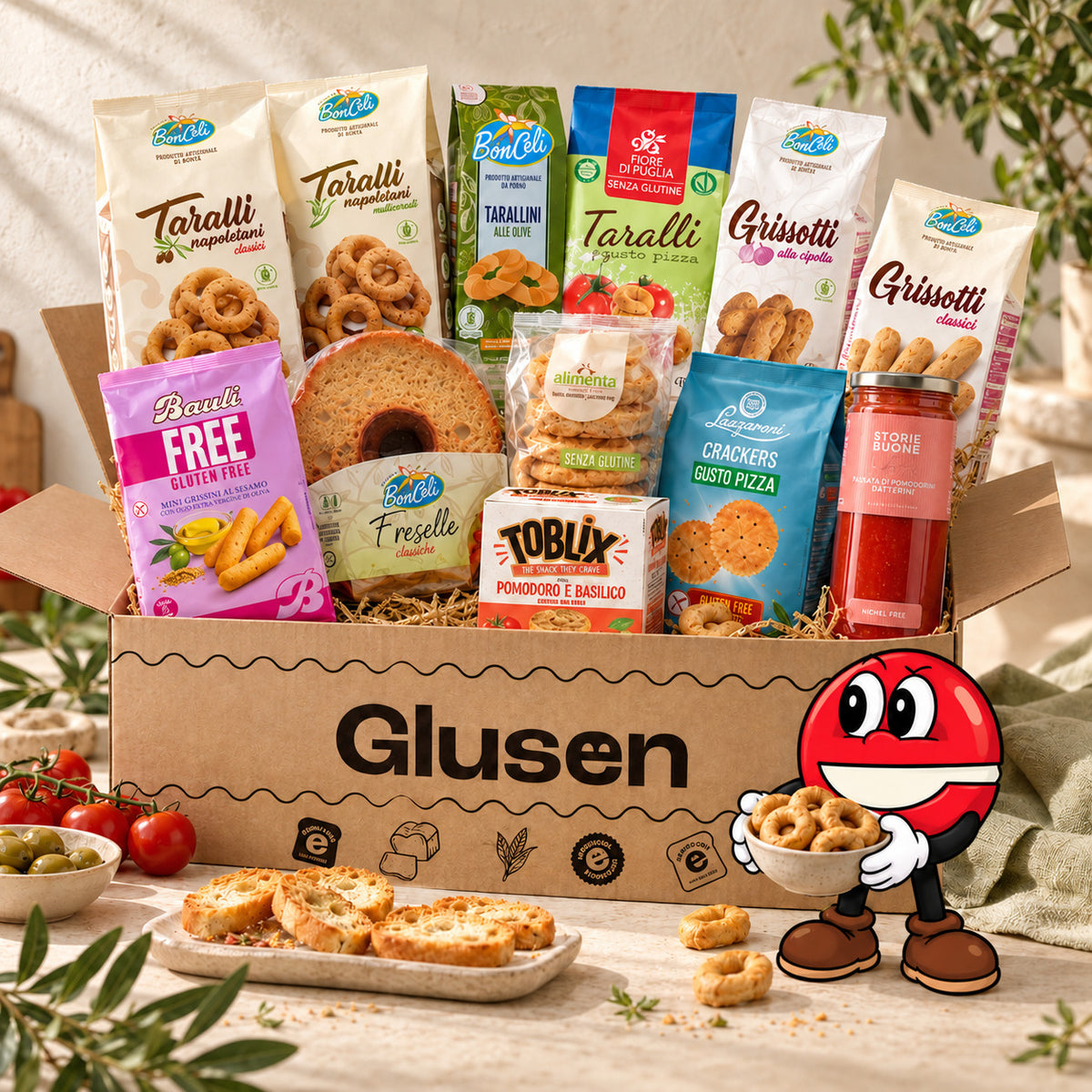 Box Aperitivo Senza Domande Glusen con taralli freselle e grissini senza glutine