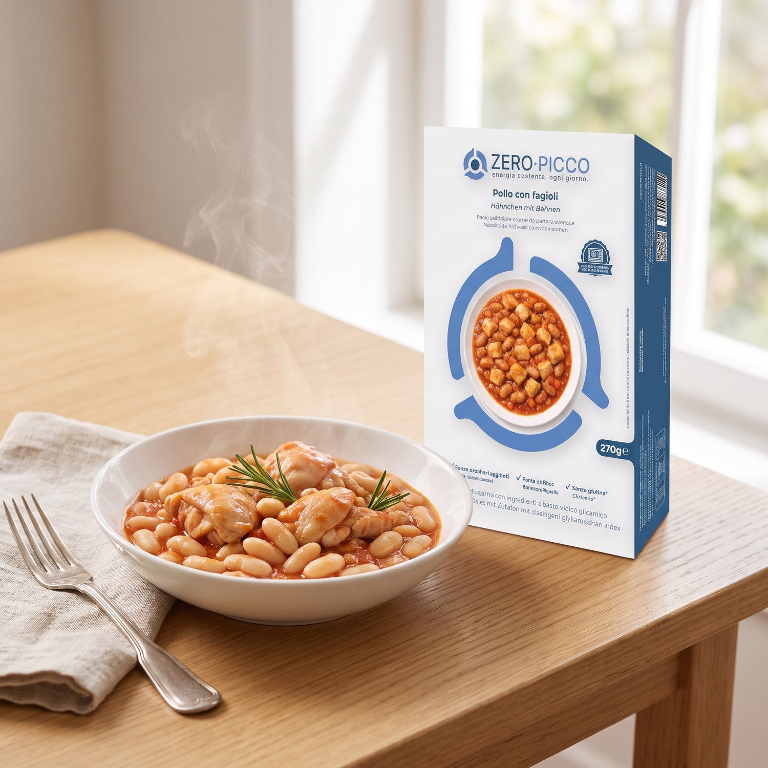 Zero Picco pollo con fagioli servito nella ciotola accanto alla confezione
