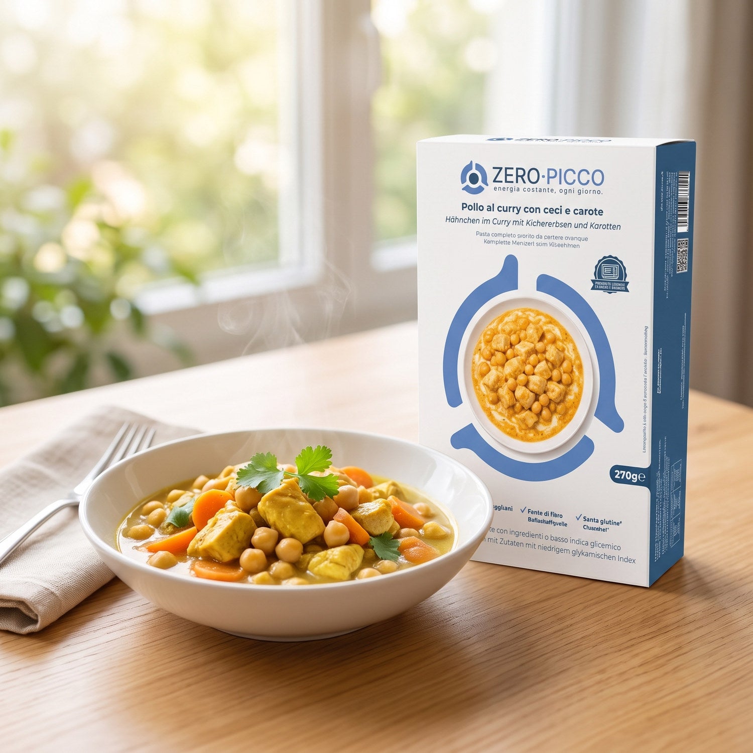 Zero Picco pollo al curry con ceci e carote servito nella ciotola accanto alla confezione