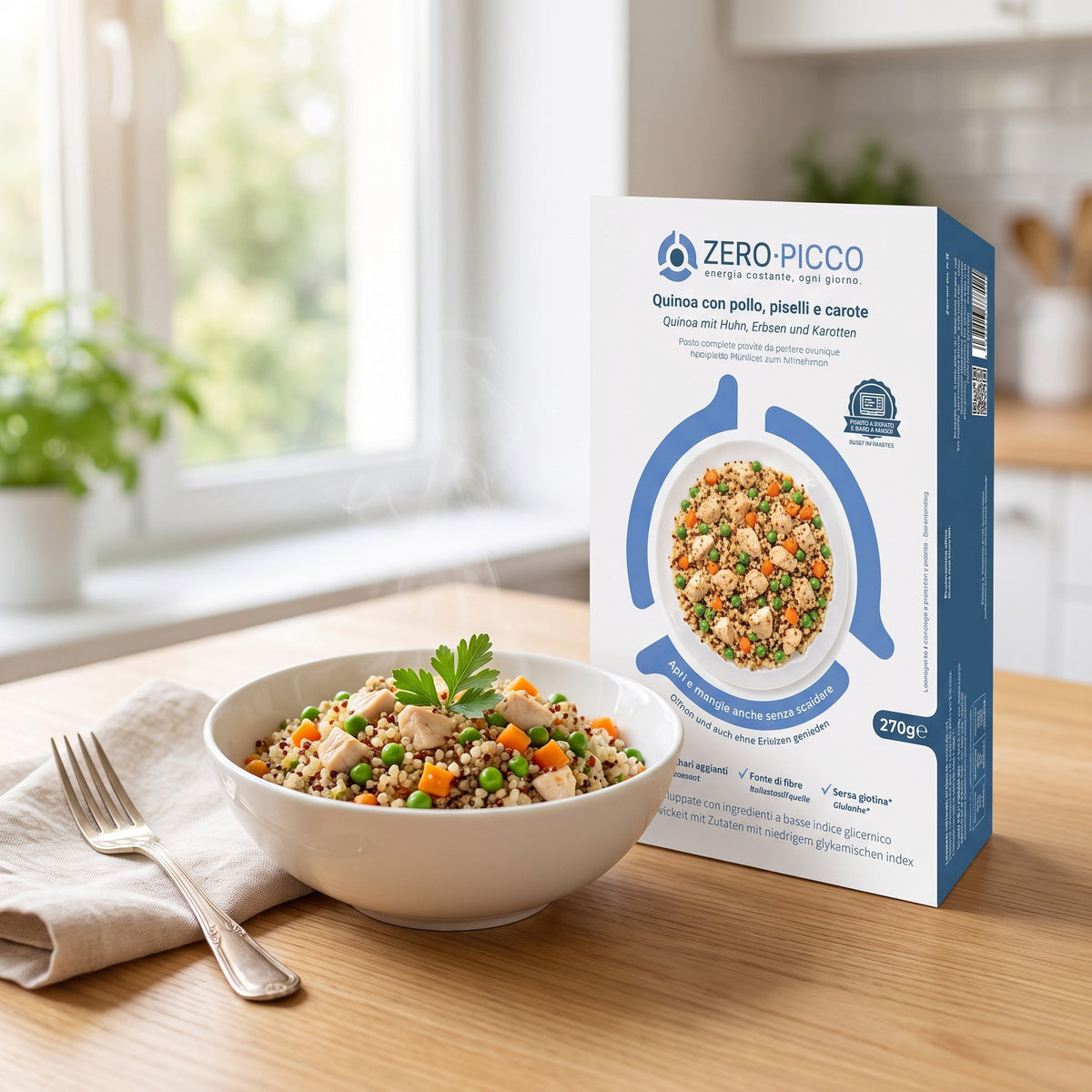 Zero Picco quinoa con pollo piselli e carote servito nella ciotola accanto alla confezione