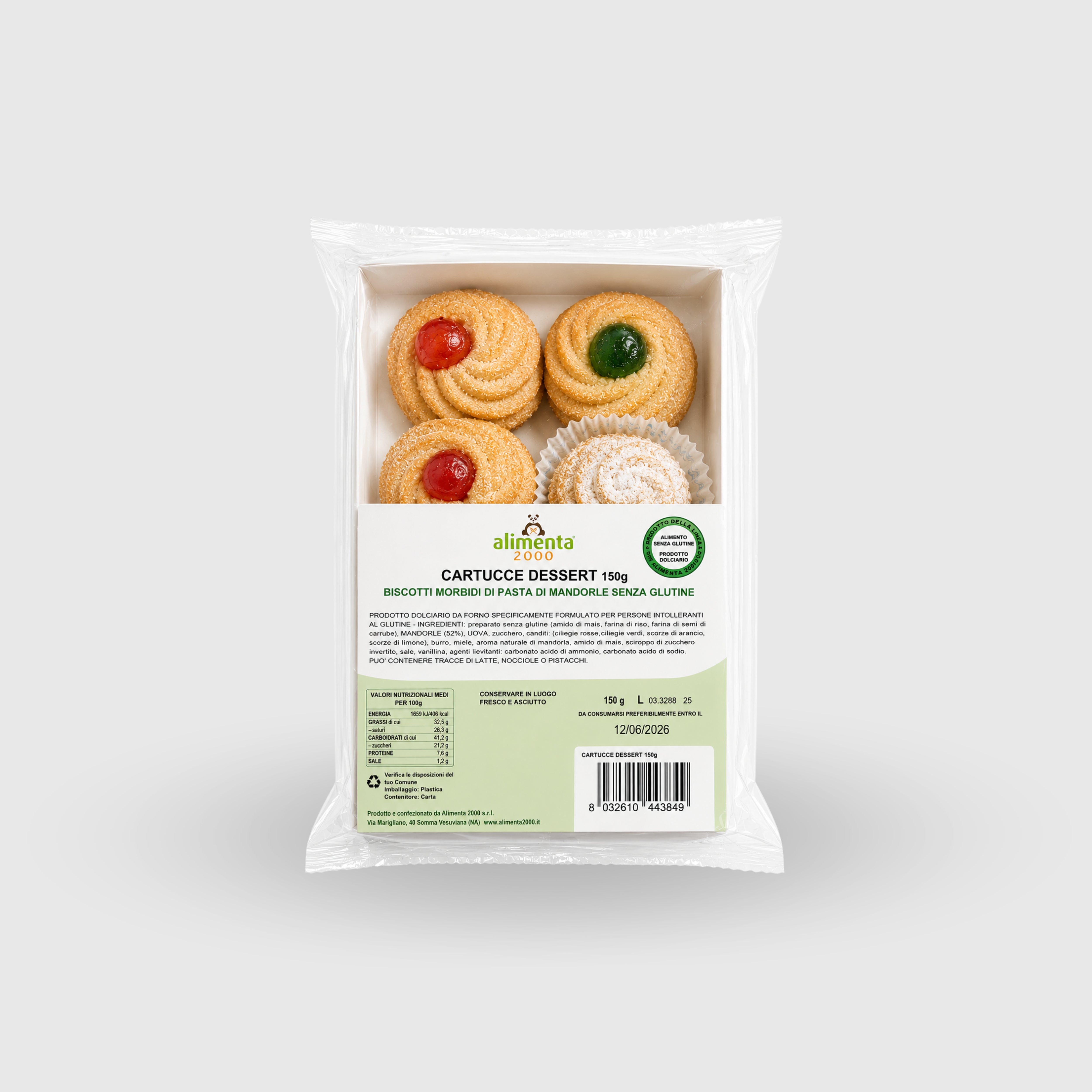 Cartuchos del Vesubio Postre de pasta de almendras Sin Gluten Alimenta 2000 150g