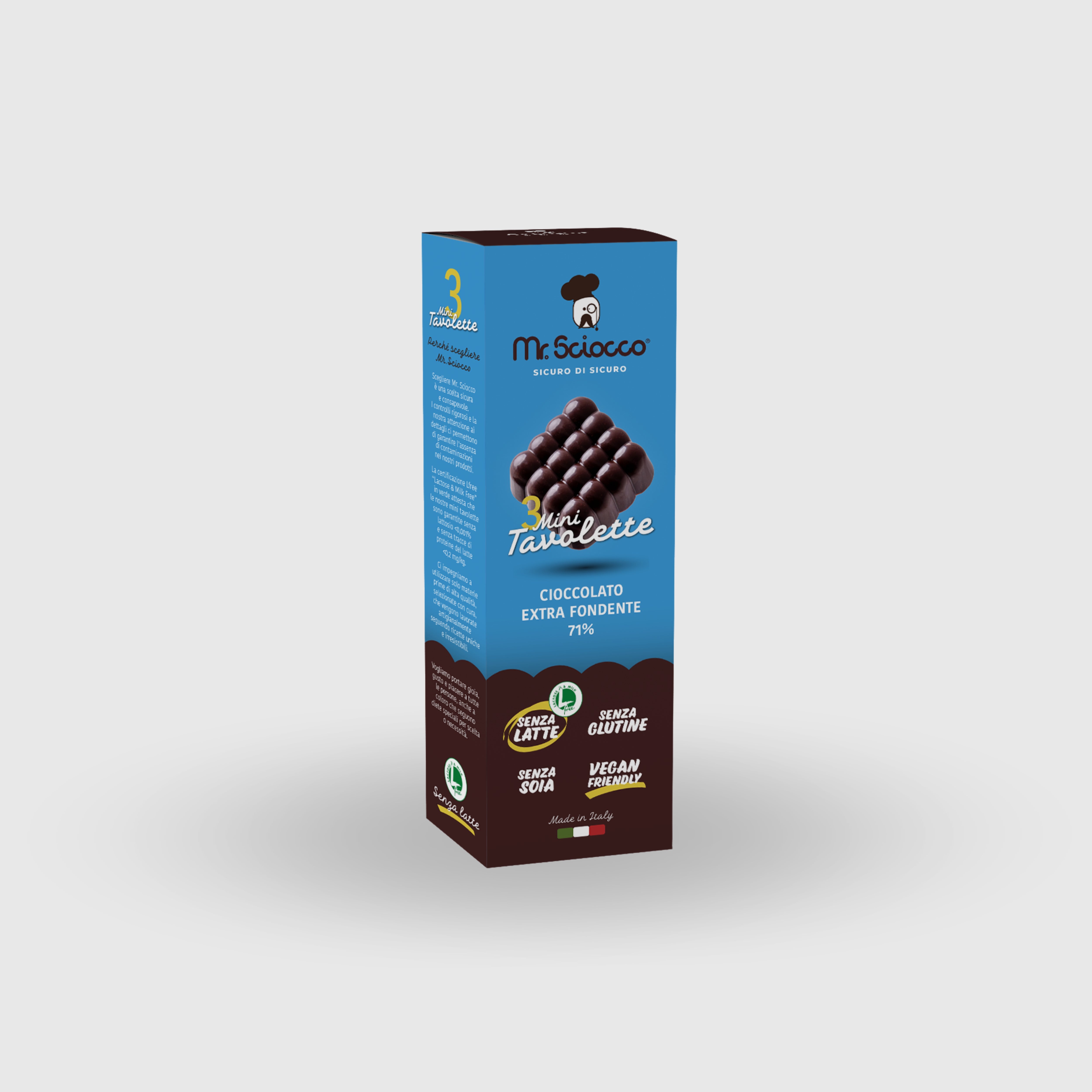 Trío Mini Tabletas de Chocolate Negro 71% Veganas Sin Gluten Sin Leche Sin Huevos Mr Sciocco 30g