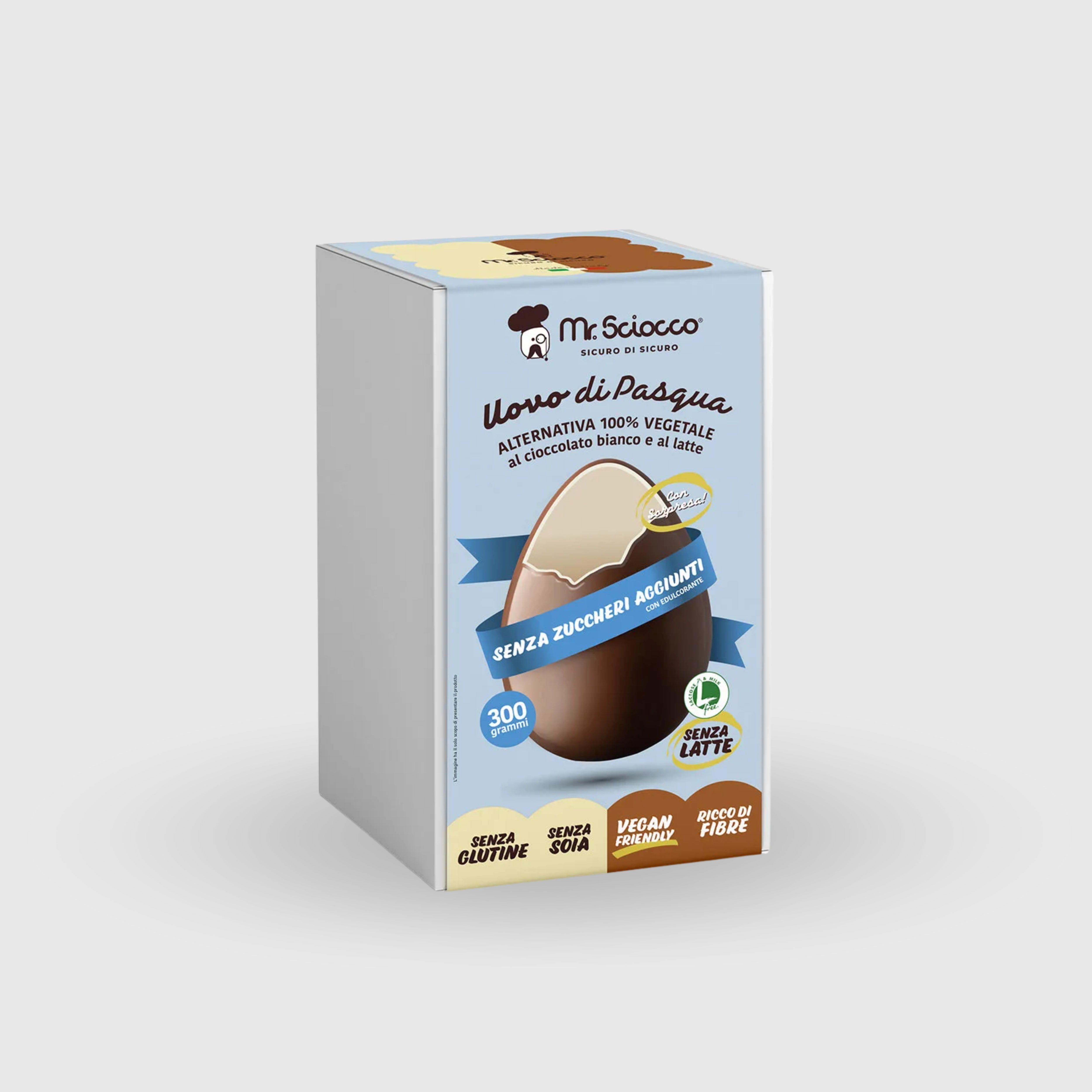 Uovo di Pasqua Bigusto Cioccolato Bianco e al Latte SENZA ZUCCHERI AGGIUNTI Vegano Senza Glutine Senza Latte Senza Uova Mr Sciocco 300g