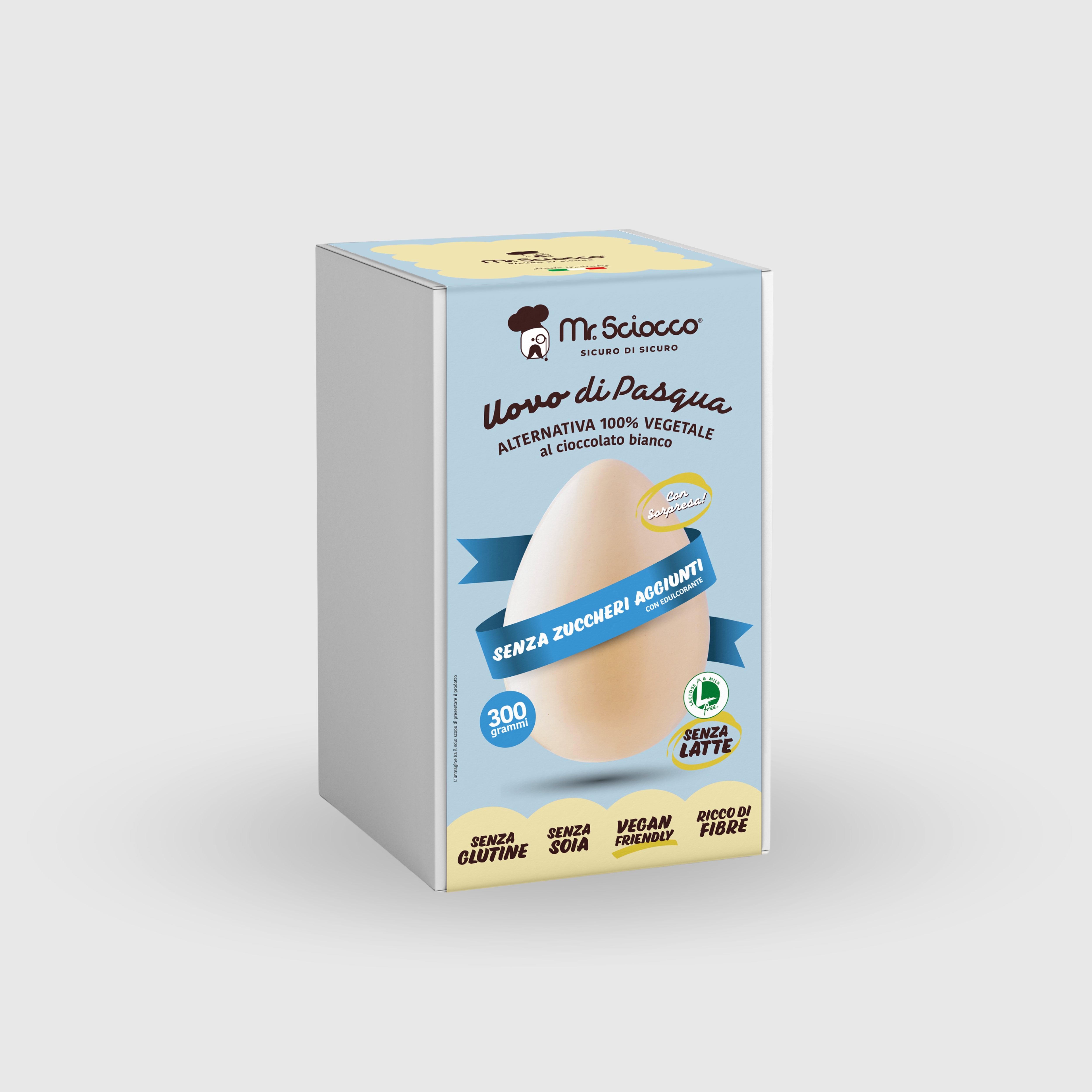 Uovo di Pasqua al Cioccolato Bianco SENZA ZUCCHERI AGGIUNTI Vegano Senza Glutine Senza Latte Senza Uova Mr Sciocco 300g