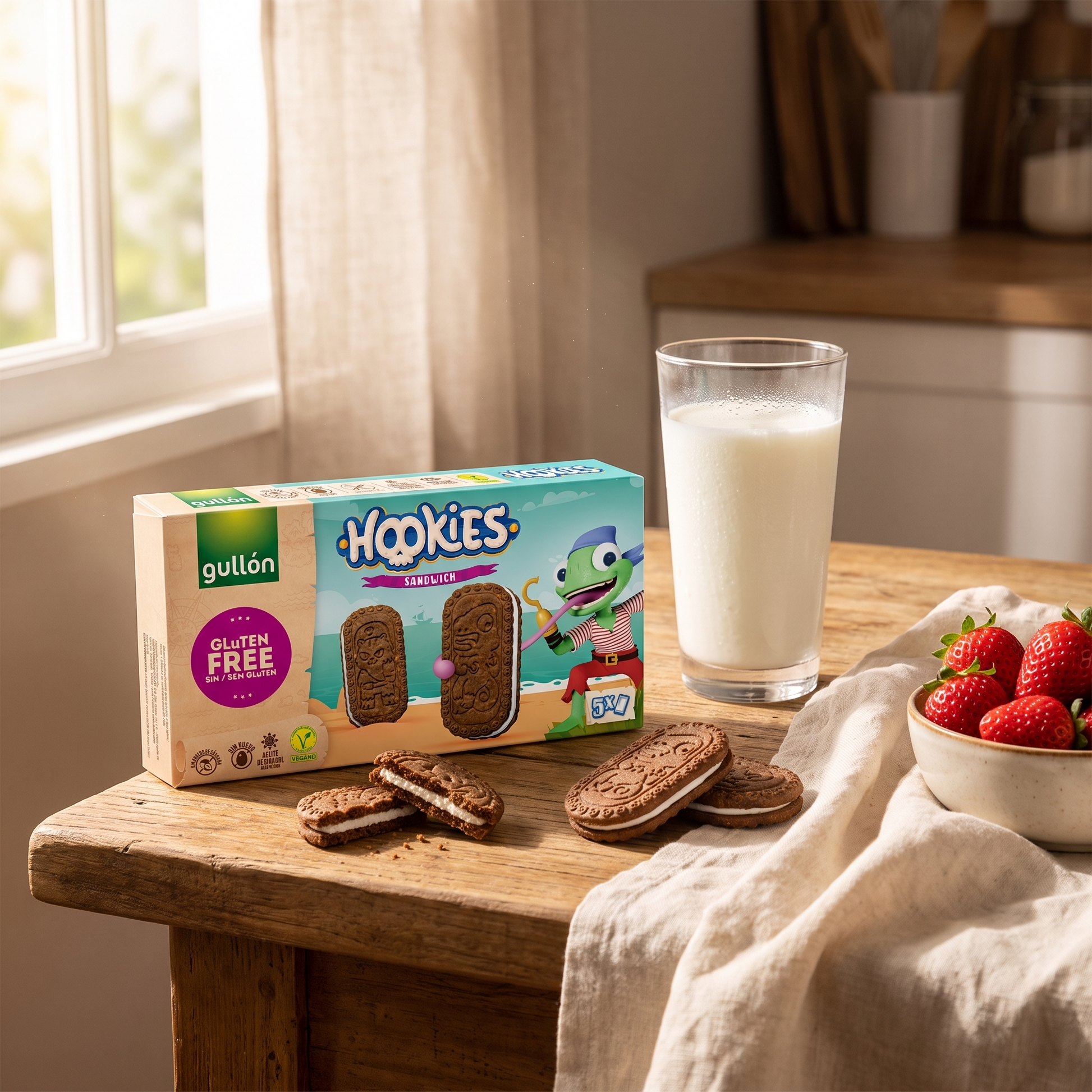 Gullón Hookies Sandwich Crema senza glutine 230g — lifestyle merenda con latte