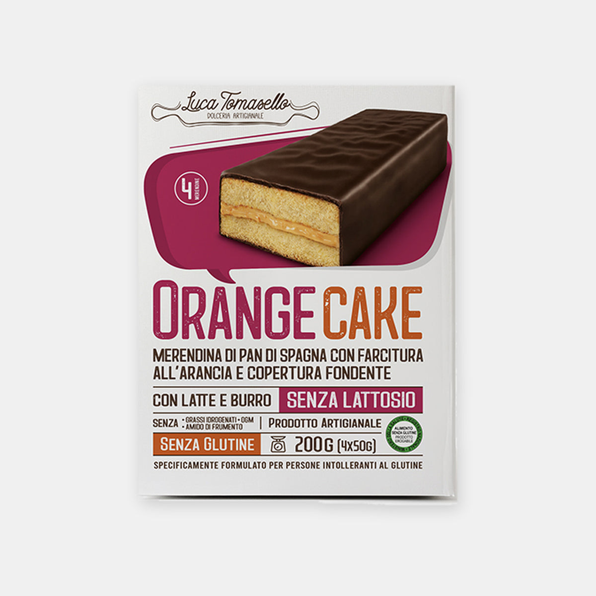Merendine Orange Cake senza glutine e senza lattosio Luca Tomasello 200g confezione da 4 monoporzioni
